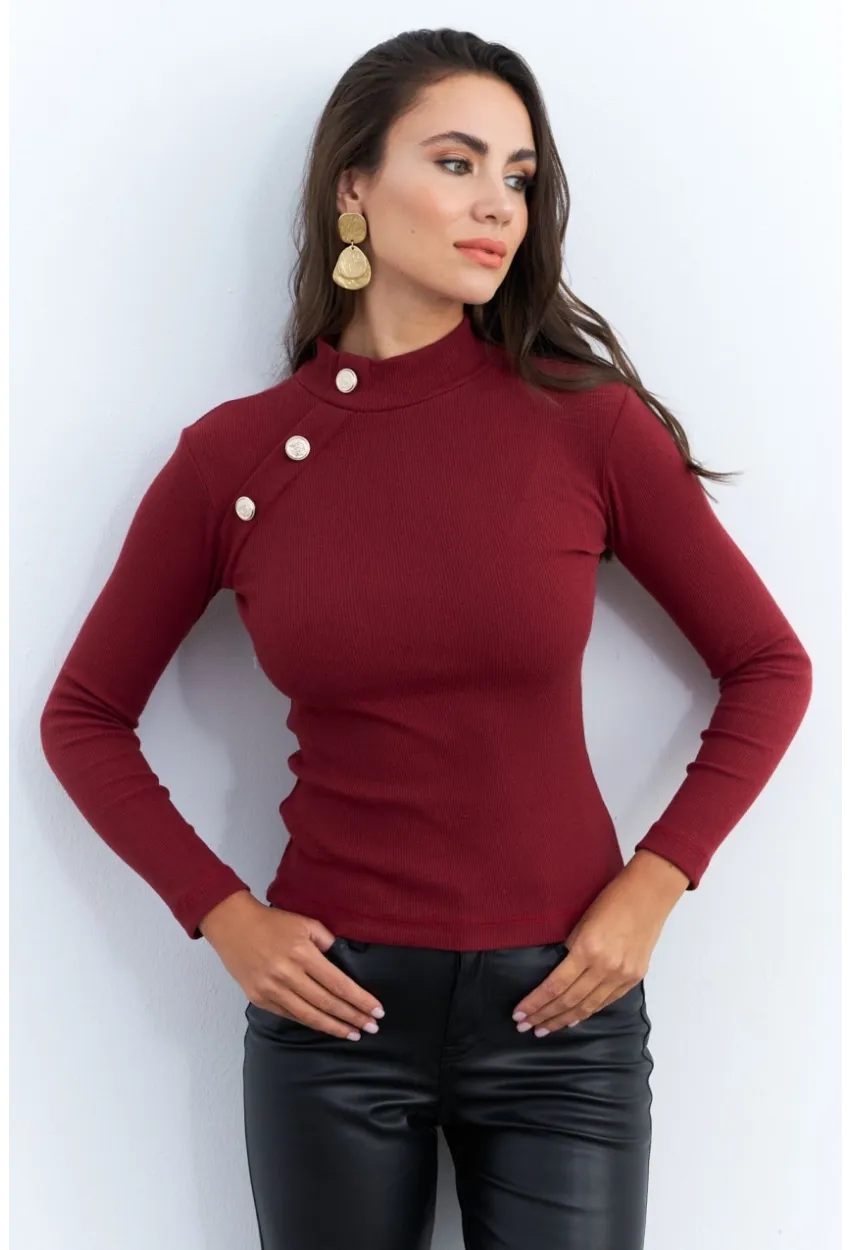 Kadın Bordo Düğme Aksesuarlı Kaşkorse Bluz EY2579