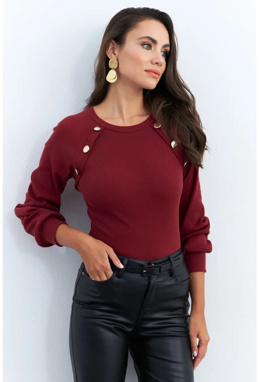Kadın Bordo Düğme Aksesuarlı Kaşkorse Bluz EY2946