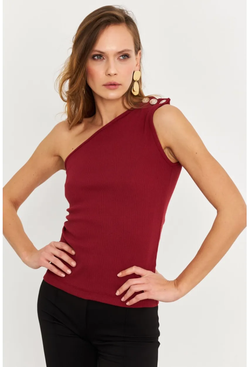 Kadın Bordo Düğme Detaylı Kaşkorse Bluz EY2711