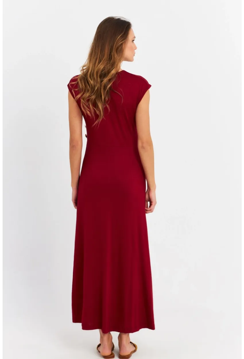 Kadın Bordo Düğme Detaylı Kruvaze Midi Elbise MEY0011