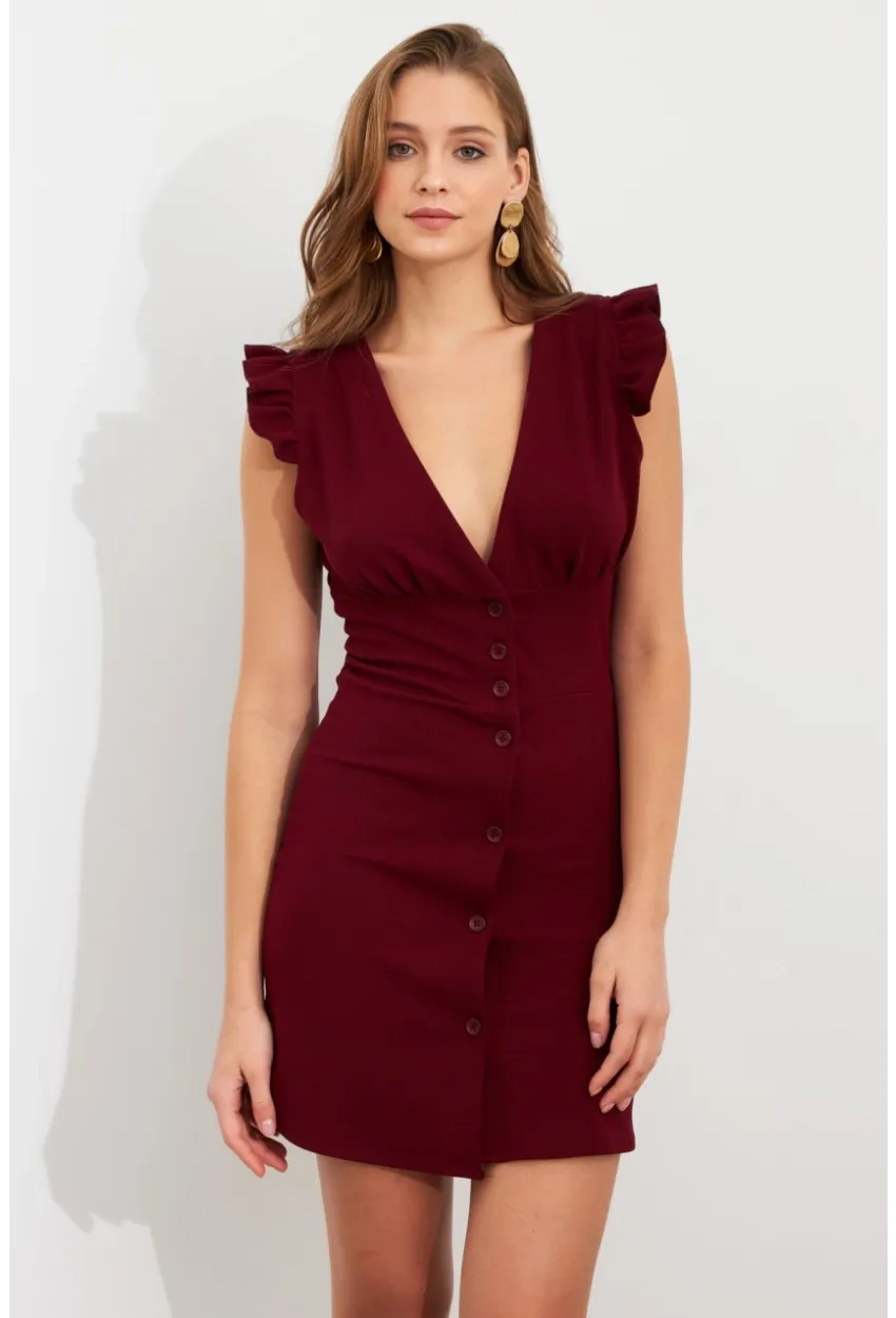 Kadın Bordo Düğme Detaylı Mini Elbise DAF5033