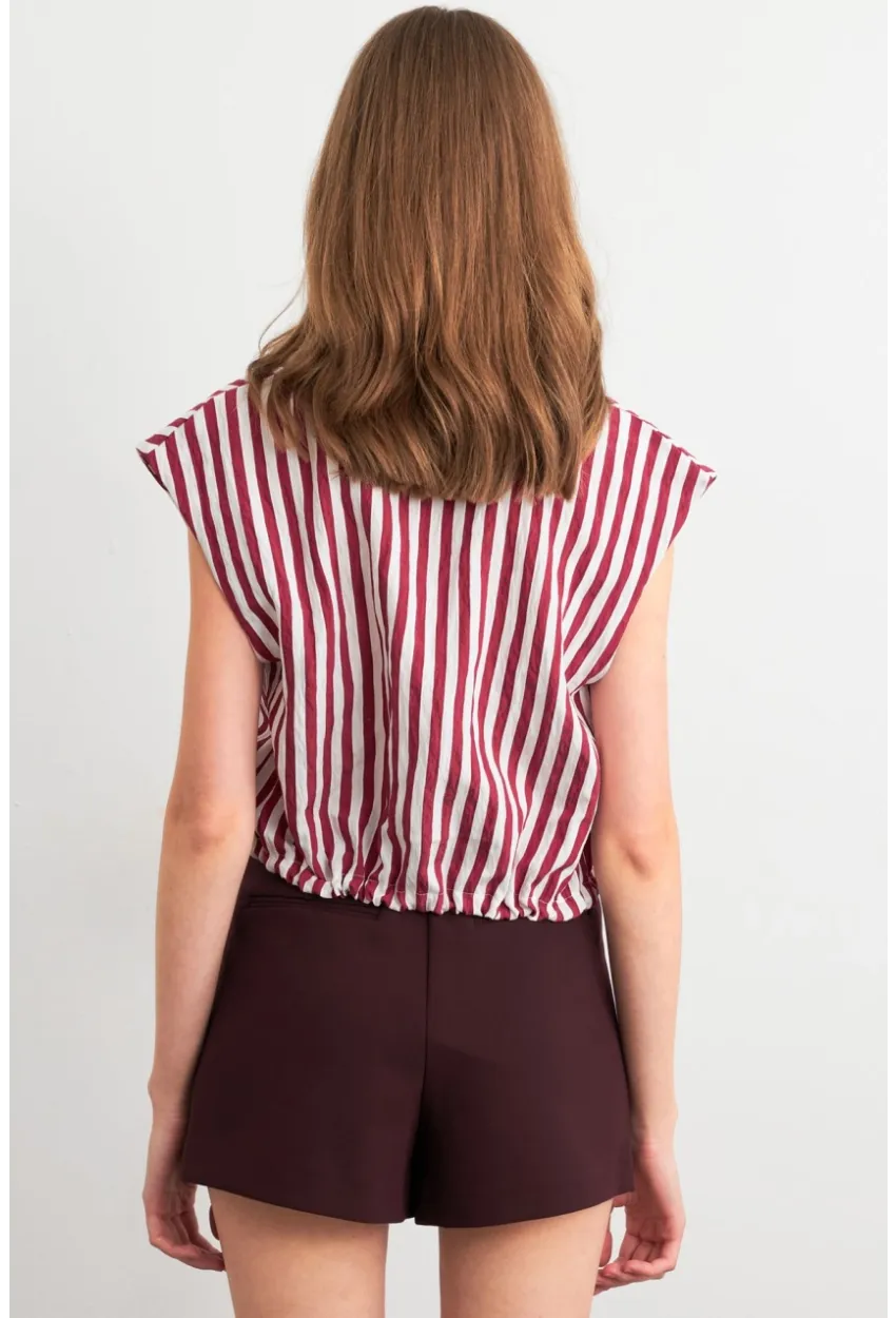 Kadın Bordo-Ekru Büzgülü Kolsuz Crop Gömlek RLO92
