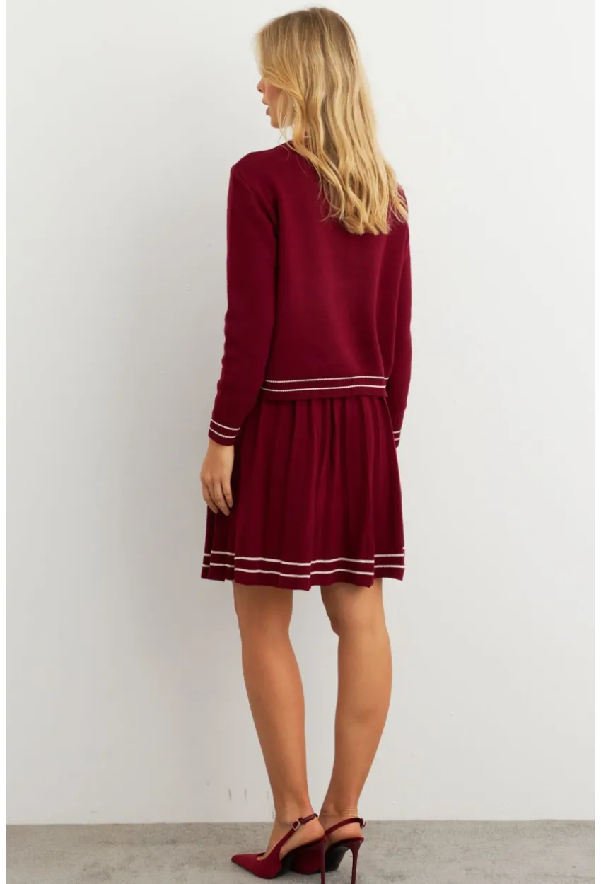 Kadın Bordo-Ekru Triko Ceket Takım SF2557