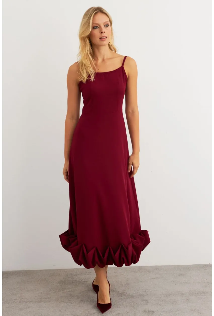 Kadın Bordo Eteği Fırfırlı Şık Maxi Elbise FRY2266