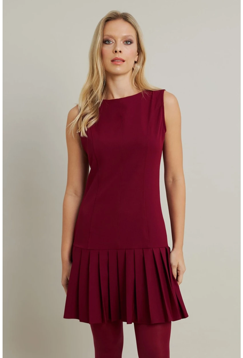 Kadın Bordo Etegi Pileli Mini Elbise FRY2265