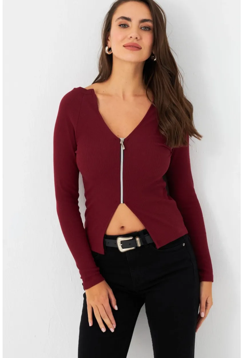 Kadın Bordo Fermuarlı Kaşkorse Bluz EY2954