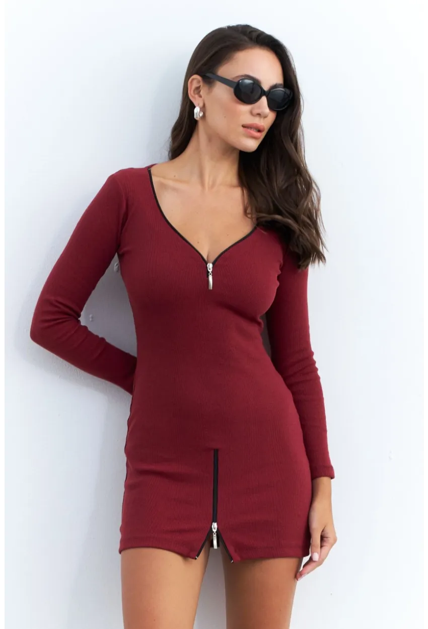 Kadın Bordo Fermuarlı Kaşkorse Mini Elbise EY2530