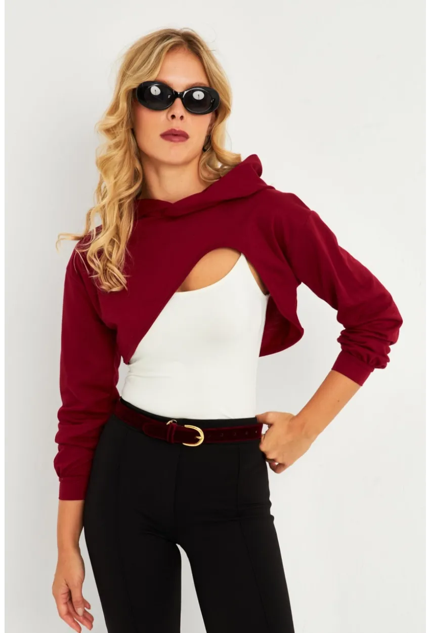 Kadın Bordo Kapüşonlu Crop Sweatshirt  TF03
