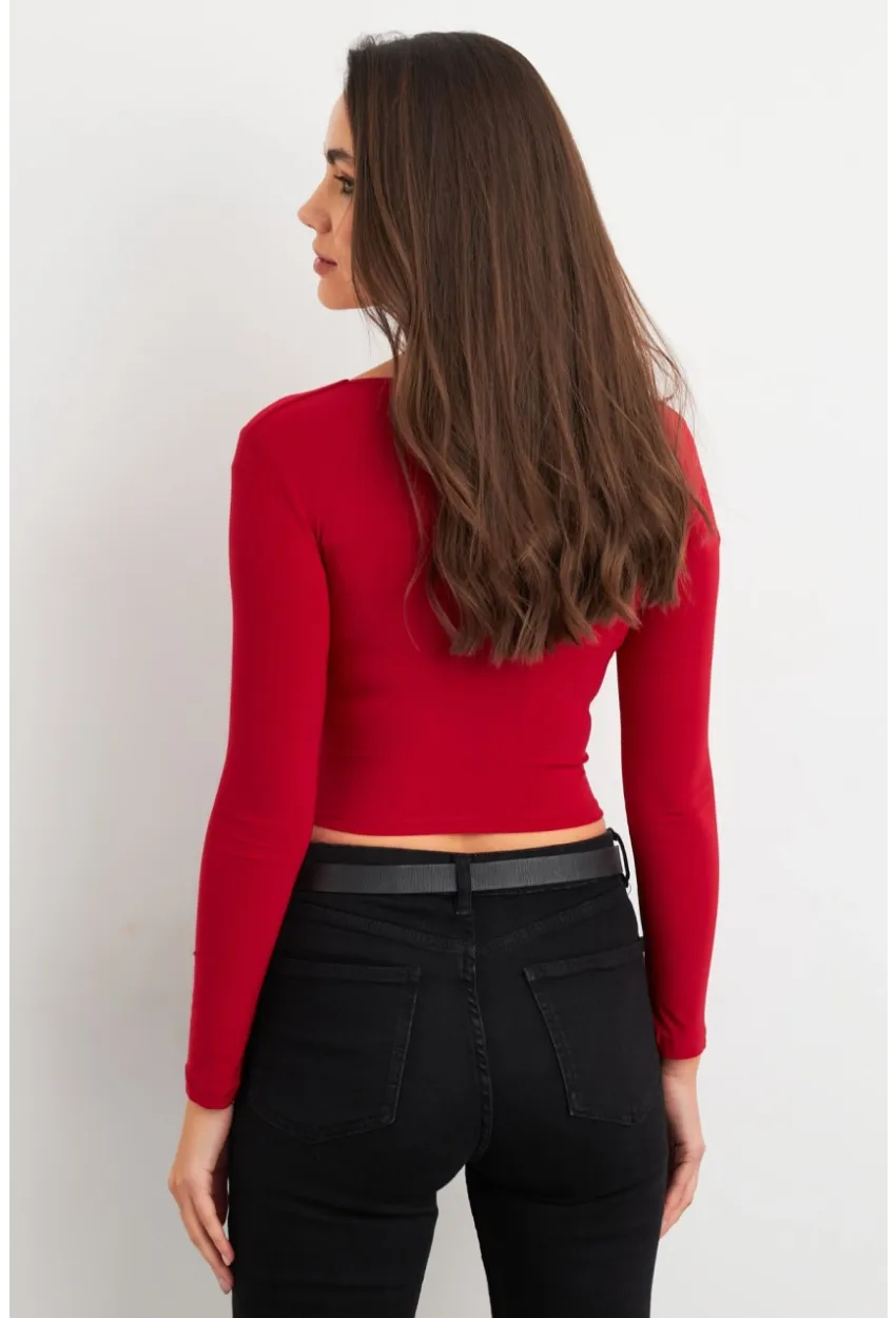 Kadın Bordo Kare Yaka Crop Bluz ELT2586