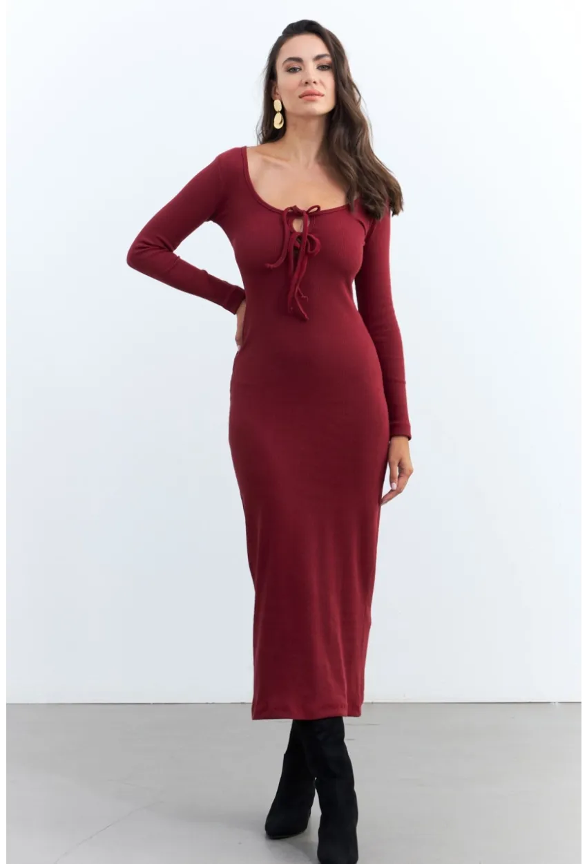Kadın Bordo Kaşkorse Maxi Elbise EY1513