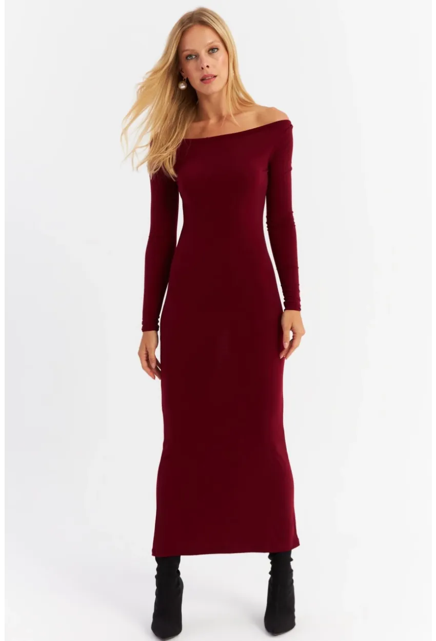Kadın Bordo Kayık Yaka Maxi Yılbaşı Elbise HOR03