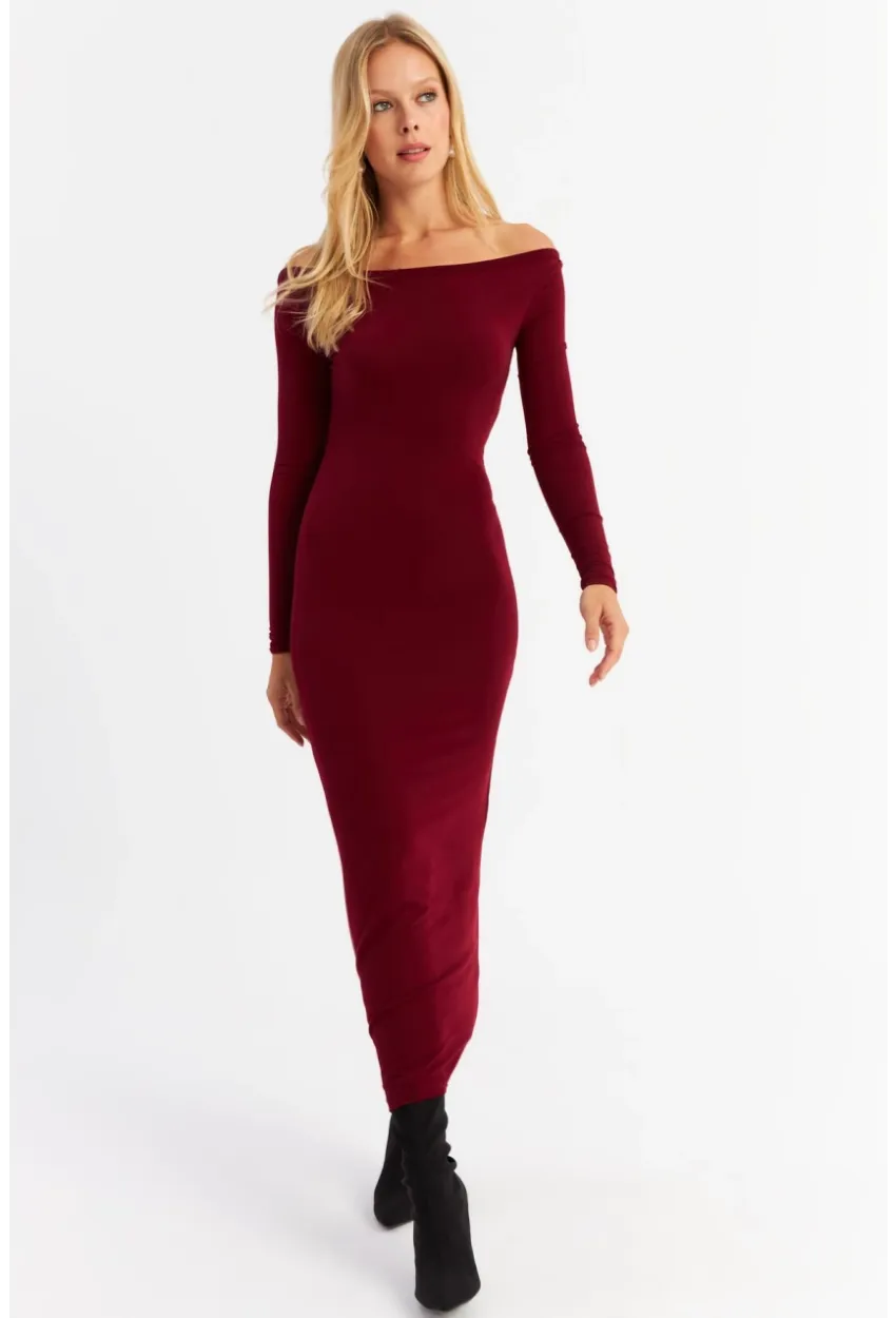 Kadın Bordo Kayık Yaka Maxi Yılbaşı Elbise HOR03