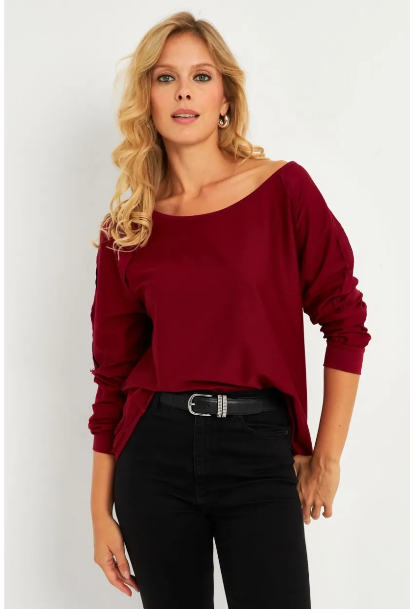 Kadın Bordo Kayık Yaka Ters Dikişli Sweatshirt TF10