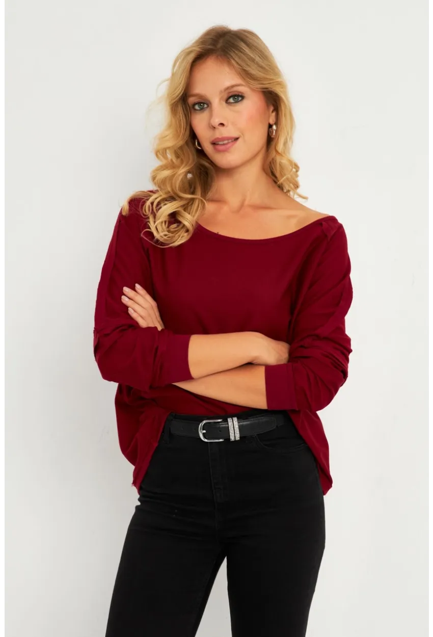 Kadın Bordo Kayık Yaka Ters Dikişli Sweatshirt TF10