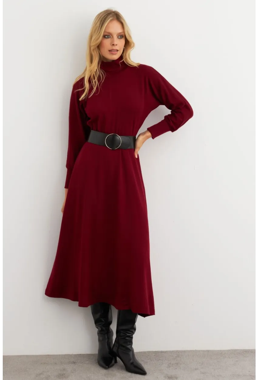 Kadın Bordo Kemerli Balıkçı Yaka Elbise MKSD992