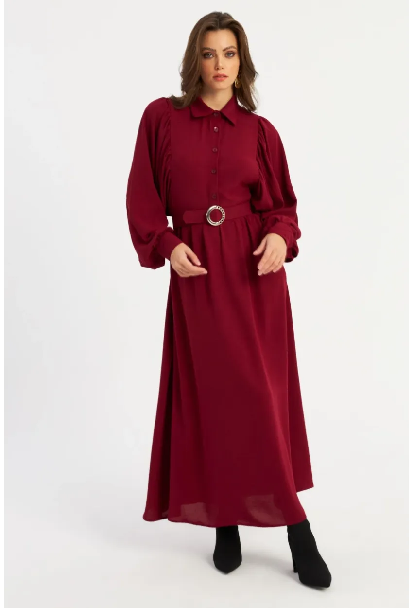 Kadın Bordo Kemerli Maxi Elbise MASF15