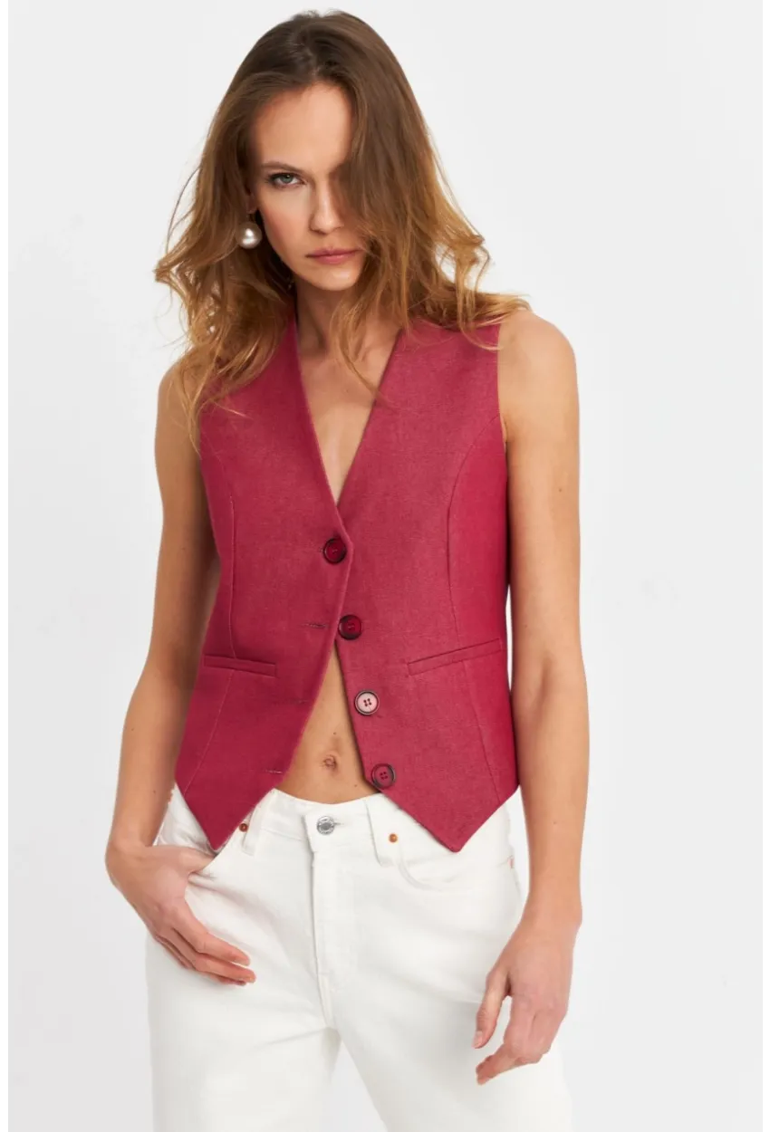 Kadın Bordo Keten Astarlı Yelek TW60046
