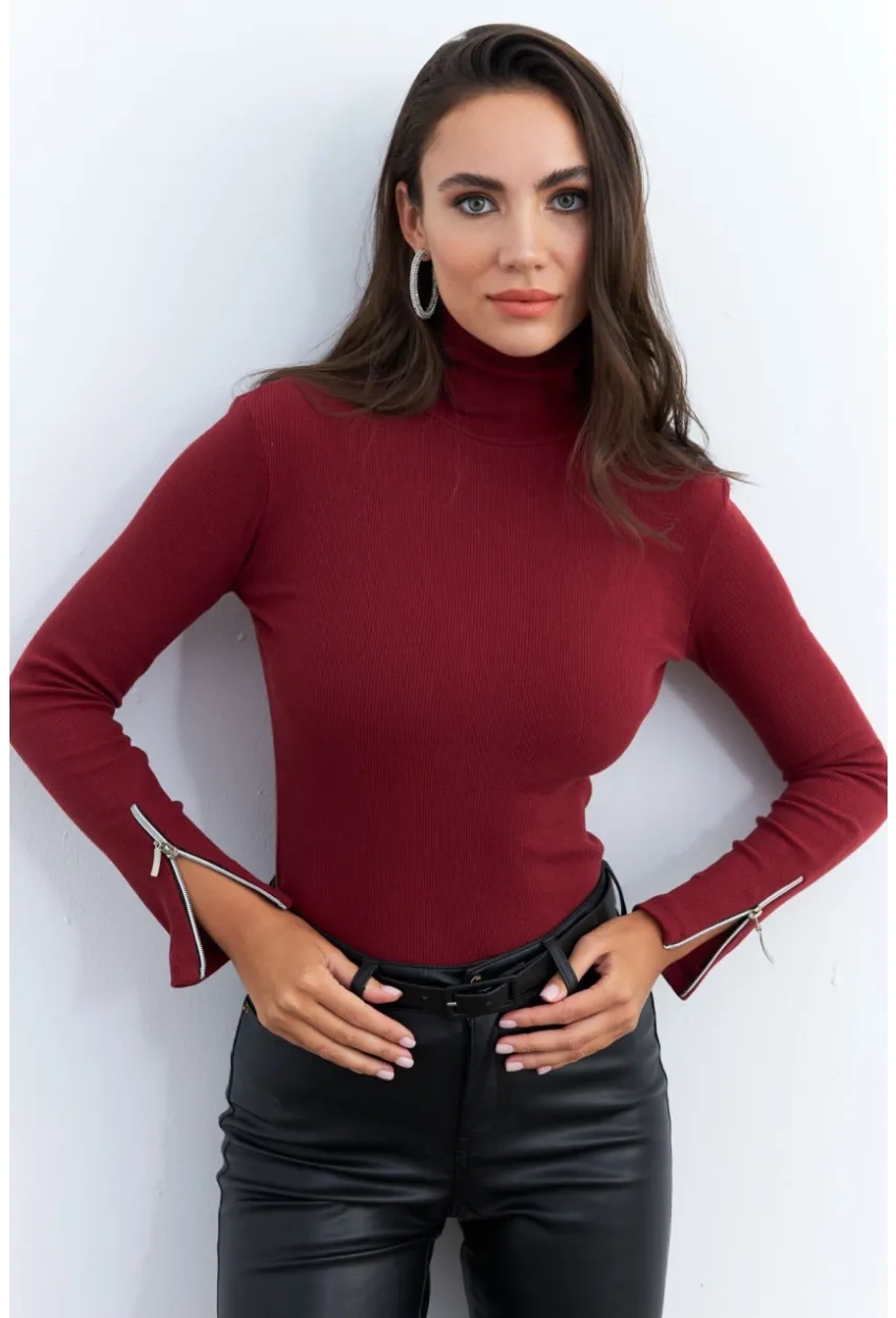 Kadın Bordo Kolları Fermuarlı Kaşkorse Balıkçı Bluz EY2567