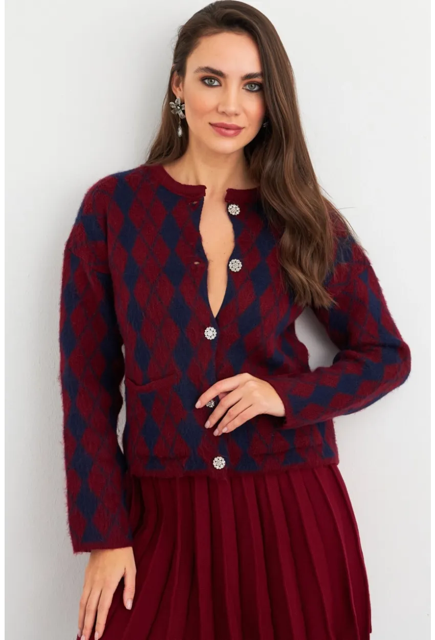 Kadın Bordo-Lacivert Düğme Detaylı Hırka ELT12022