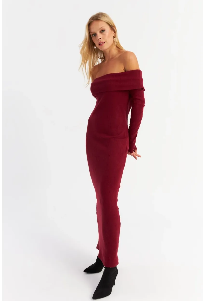 Kadın Bordo Madonna Yaka Kaşkorse Maxi Elbise HOL1