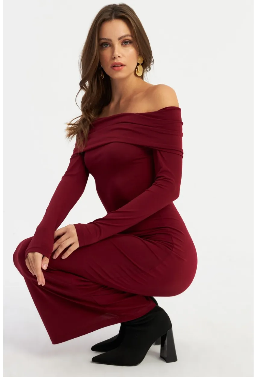 Kadın Bordo Madonna Yaka Maxi Elbise LİK10