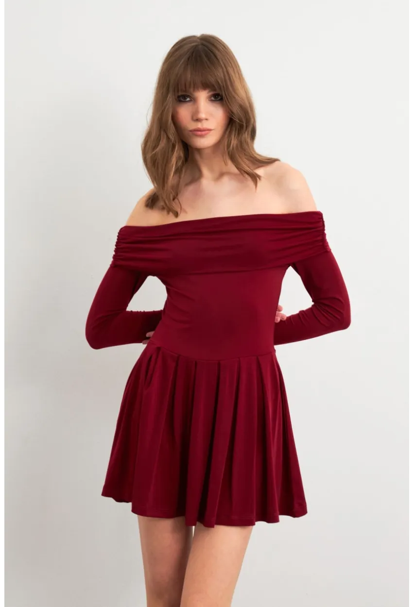 Kadın Bordo Madonna Yaka Midi Elbise MON1262