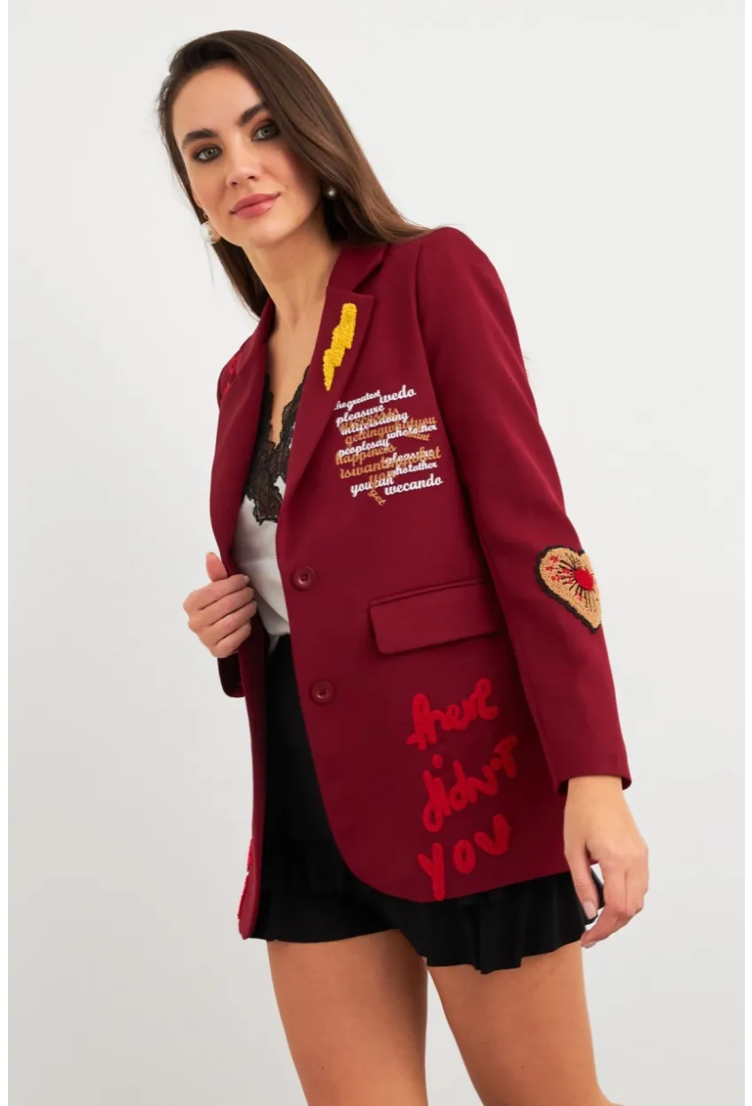 Kadın Bordo Nakışlı Premium Ceket EO100