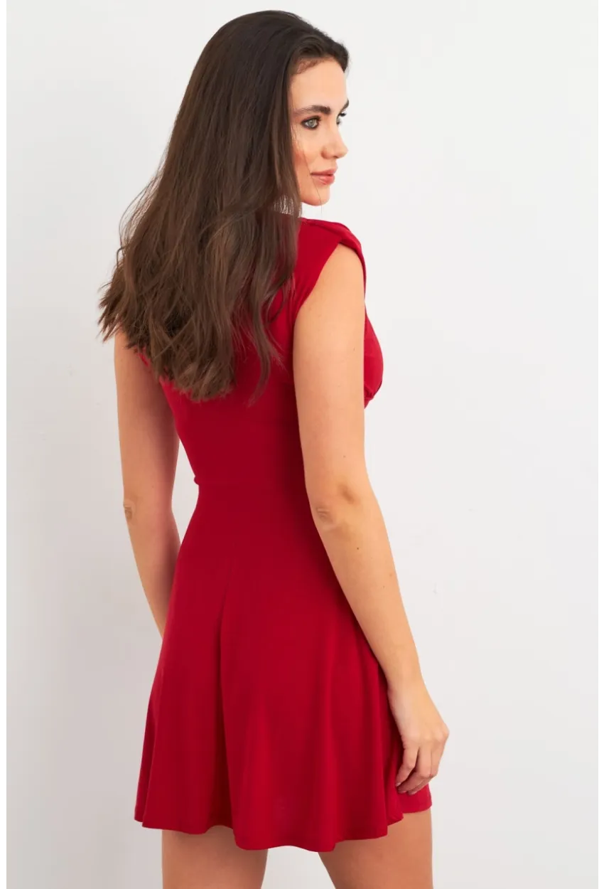 Kadın Bordo Omuzları Vatkalı Kruvaze Mini Elbise ELT3678