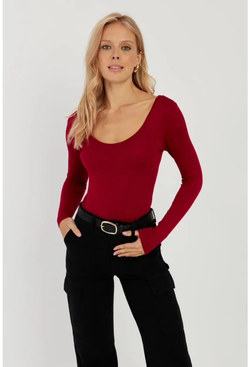 Kadın Bordo Ön Arka U Yaka Bluz LPP1265