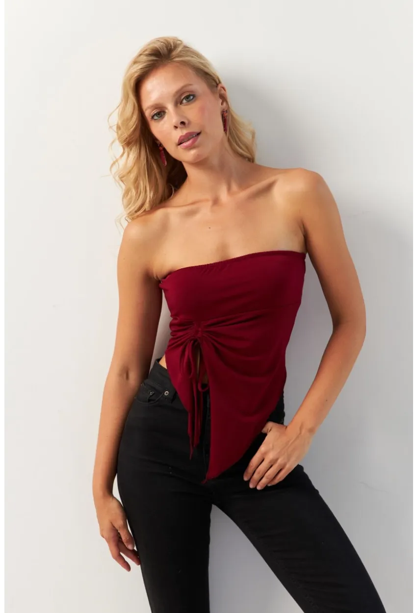 Kadın Bordo Önü Büzgülü Crop Bluz MON138