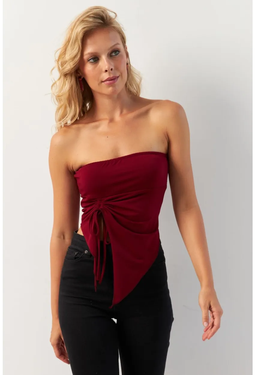 Kadın Bordo Önü Büzgülü Crop Bluz MON138
