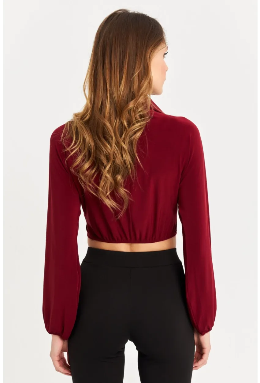 Kadın Bordo Önü Büzgülü Crop Bluz MRS103