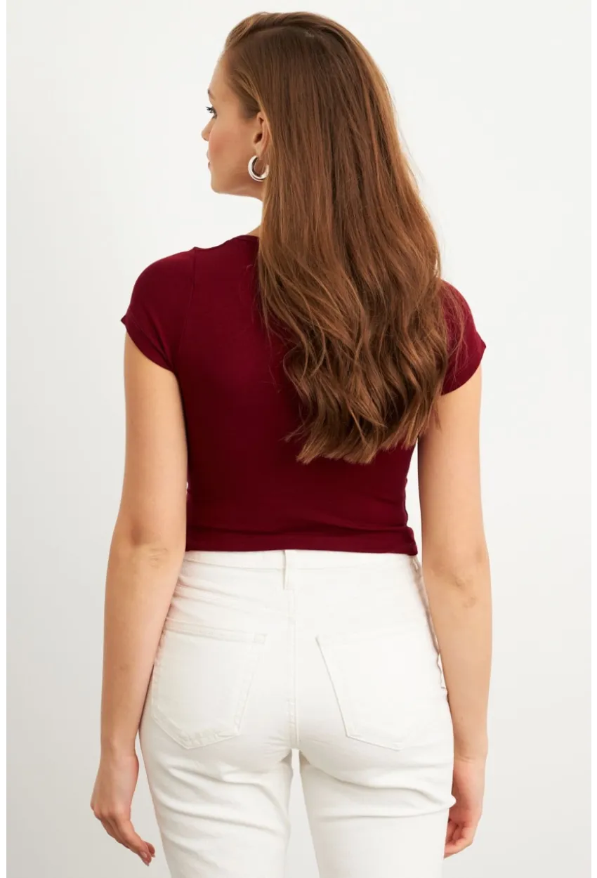 Kadın Bordo Önü Düğmeli Basic T-Shirt TOP07