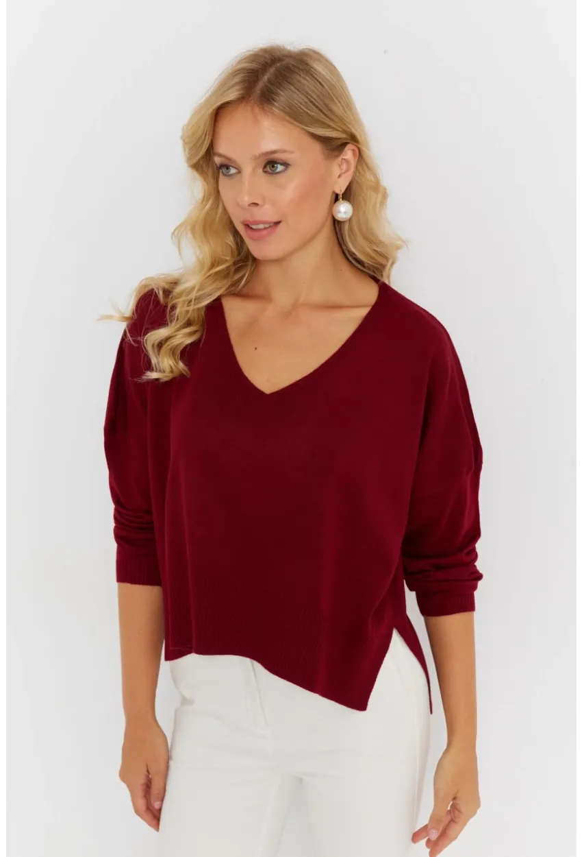 Kadın Bordo Önü Kısa Triko Kazak YİL551