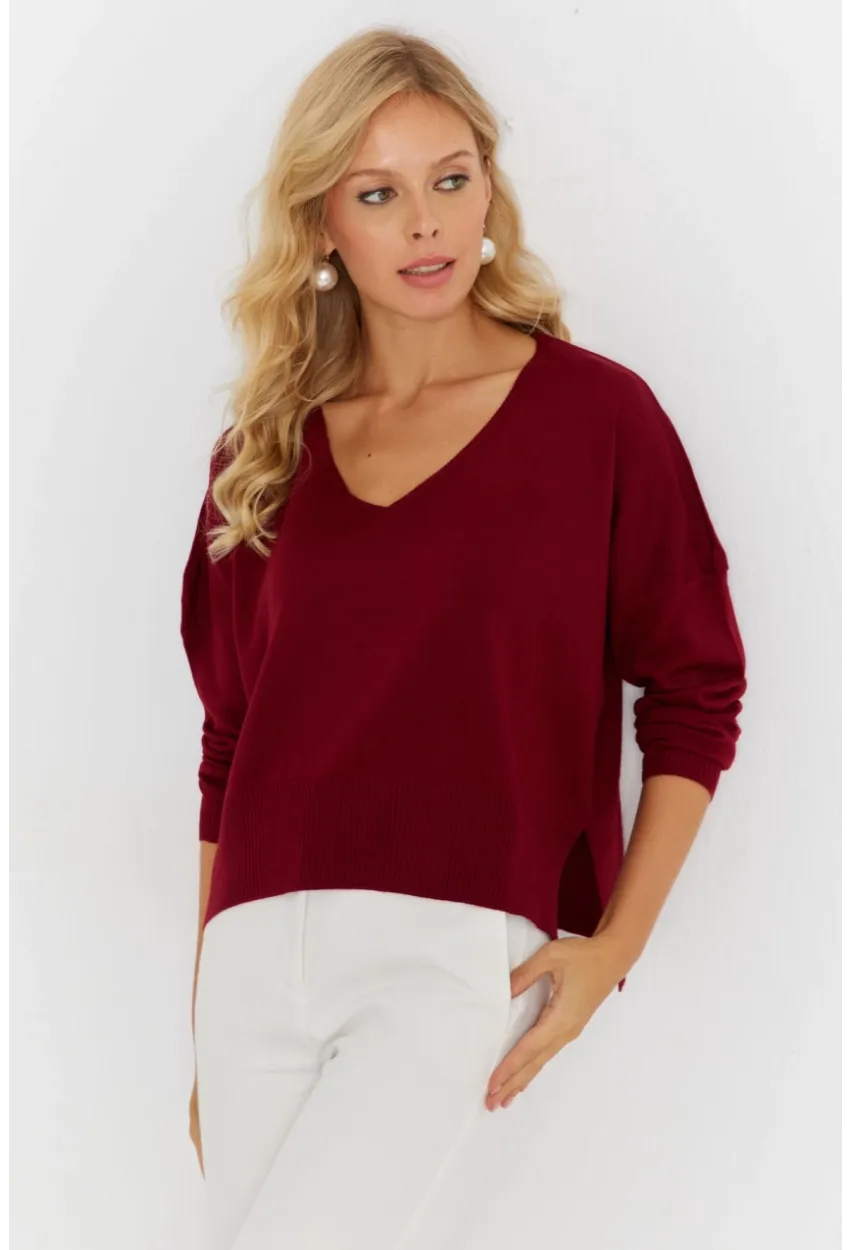 Kadın Bordo Önü Kısa Triko Kazak YİL551