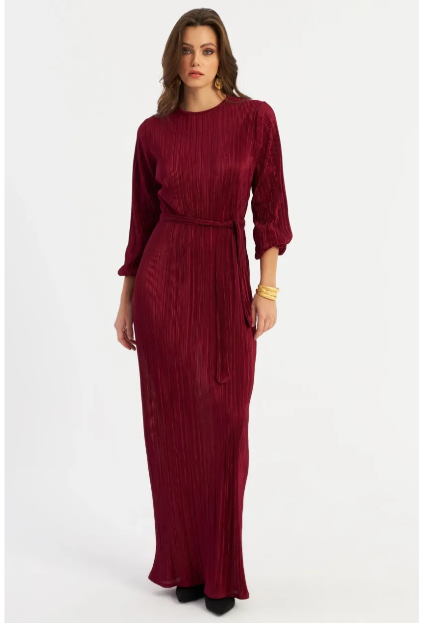 Kadın Bordo Pilise Maxi Elbise GÇ192