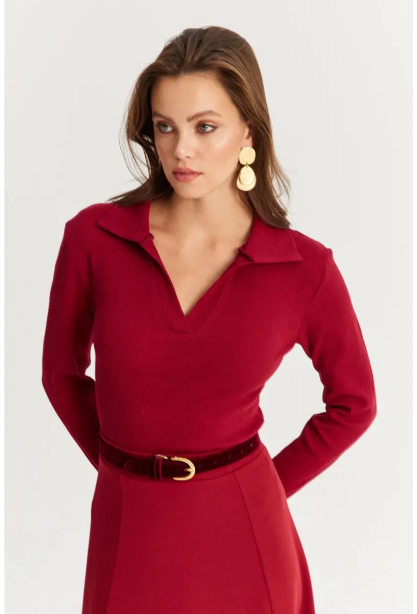 Kadın Bordo Polo Yaka Kaşkorse Bluz LON3006