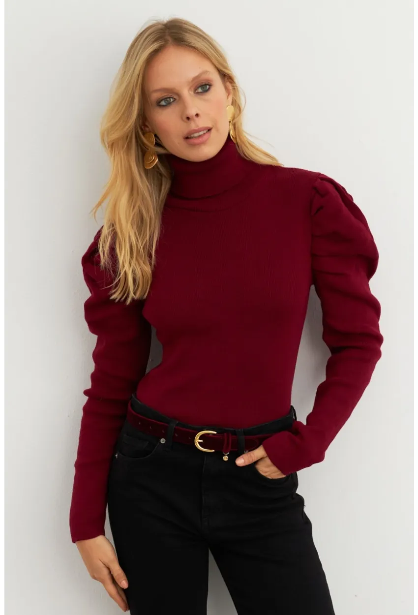 Kadın Bordo Prenses Kol Balıkçı Yaka Triko Bluz SF2555