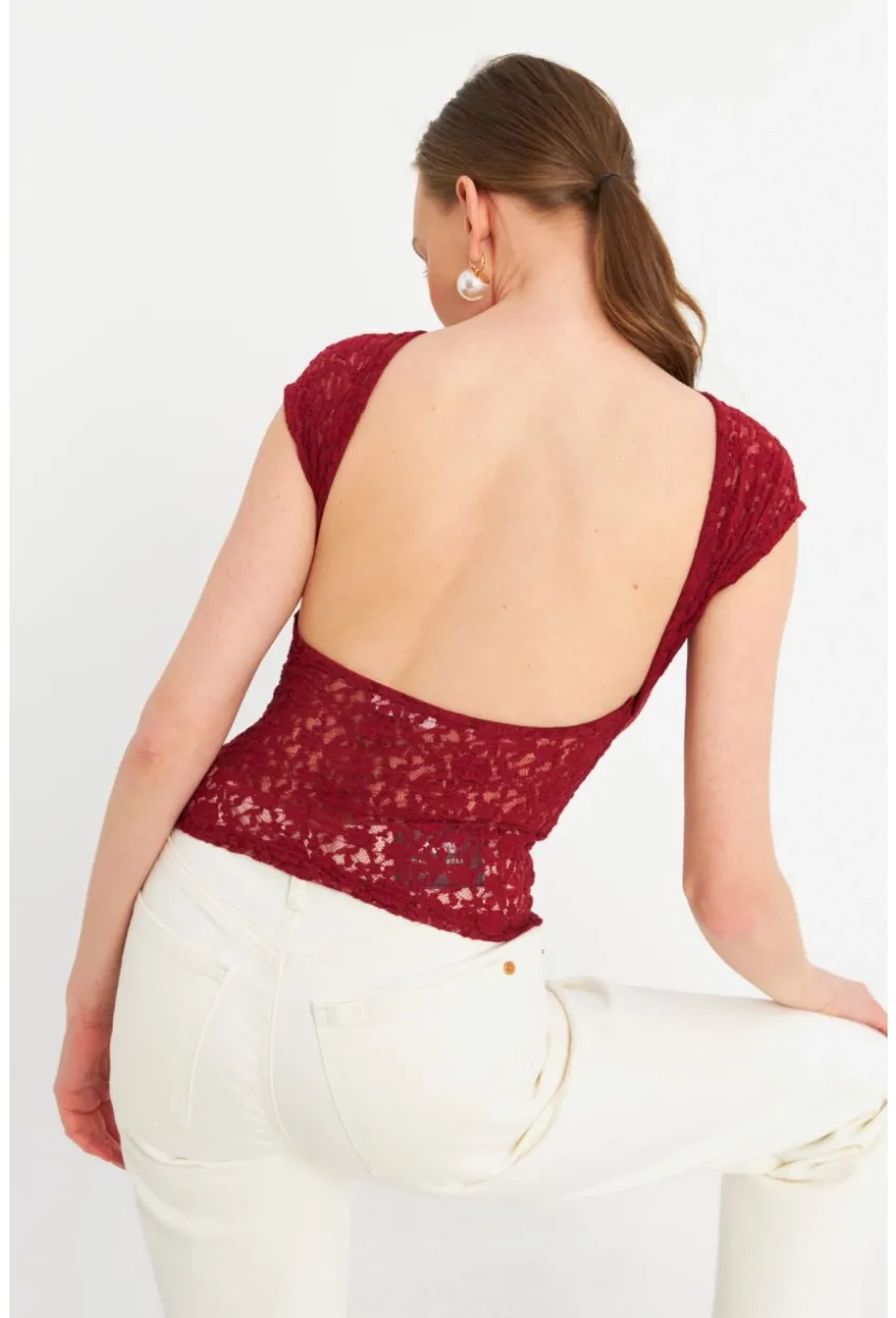 Kadın Bordo Sırtı Açık Dantel Bluz ZH04