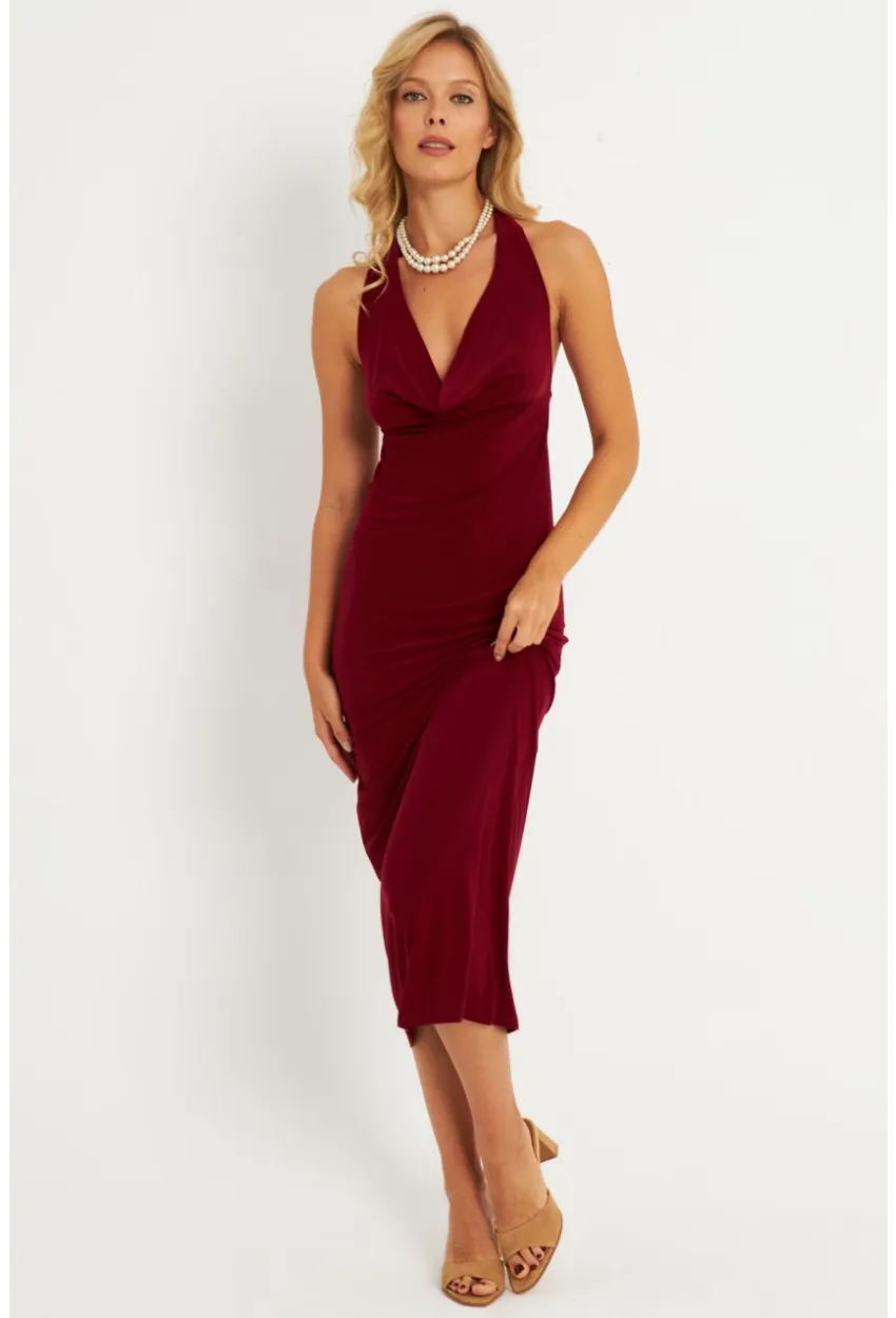 Kadın Bordo Sırtı Açık Degaje Midi Yılbaşı Elbise GÇ177