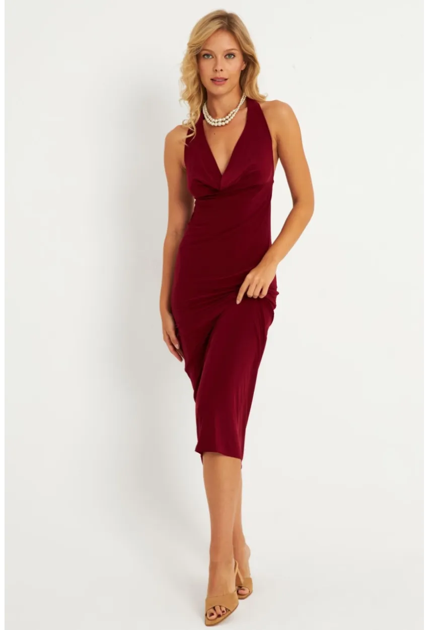 Kadın Bordo Sırtı Açık Degaje Midi Yılbaşı Elbise GÇ177