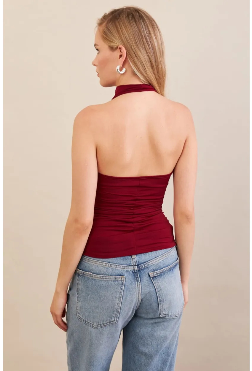 Kadın Bordo Sırtı Açık Drapeli Bluz FRY2314