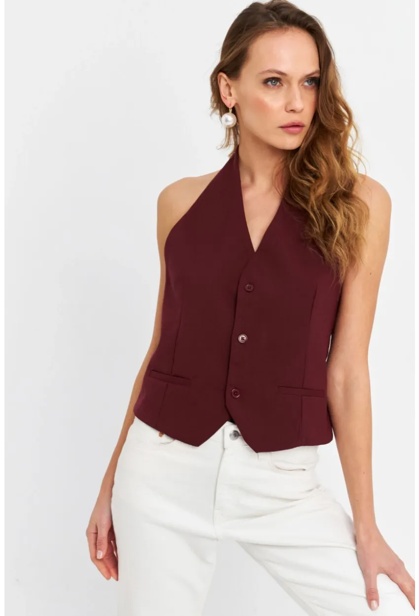 Kadın Bordo Sırtı Açık Yelek CAR1143