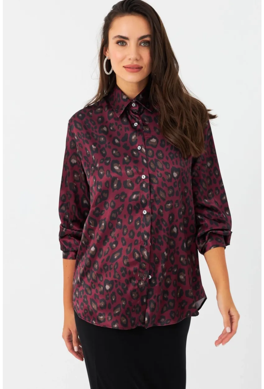 Kadın Bordo-Siyah Leopar Desenli Saten Gömlek MRAD5901-1
