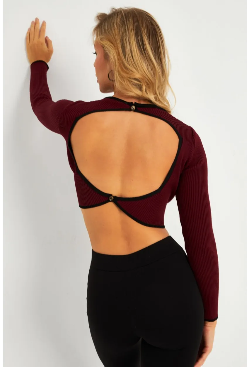 Kadın Bordo-Siyah Sırtı Açık Bluz YV270