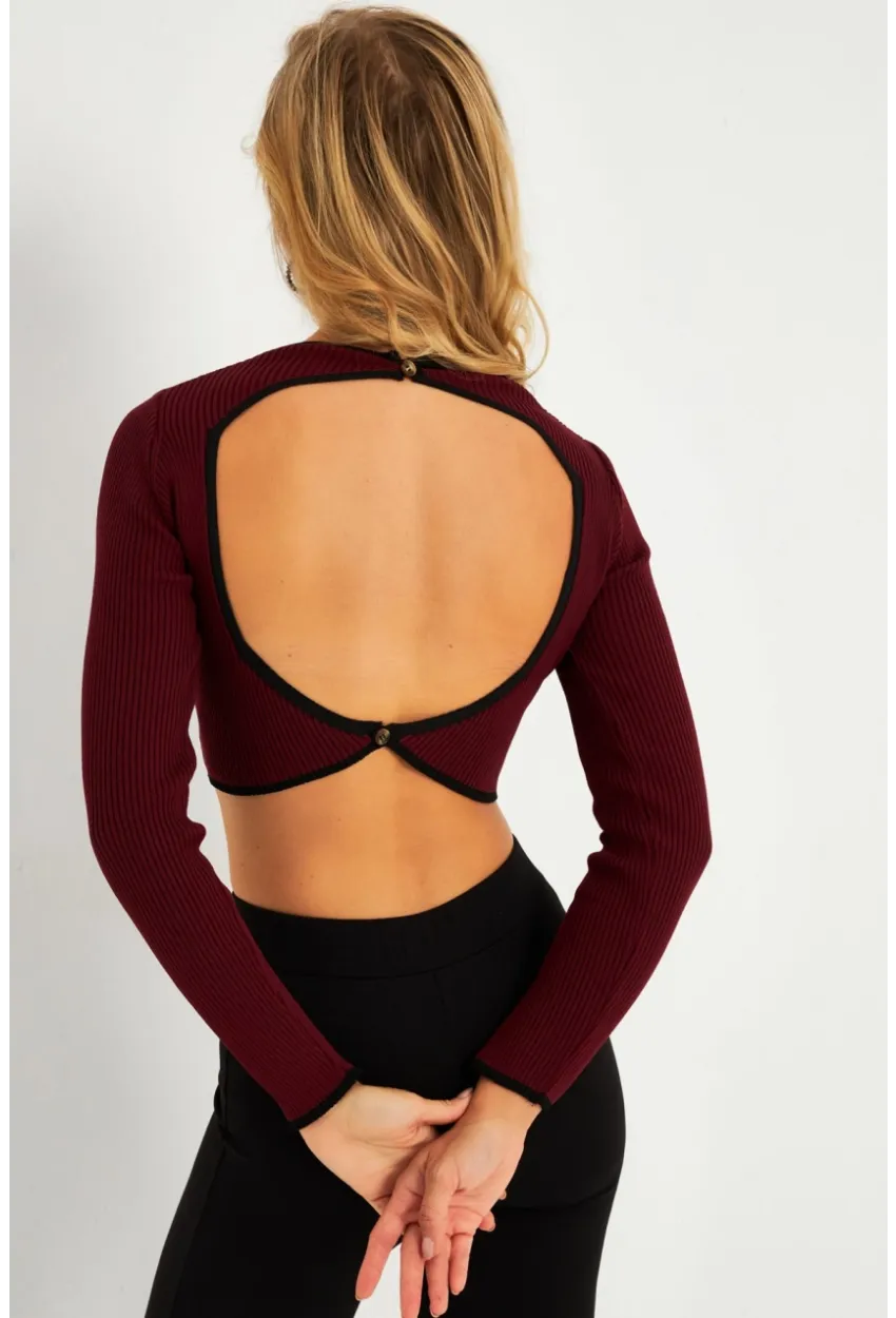 Kadın Bordo-Siyah Sırtı Açık Bluz YV270