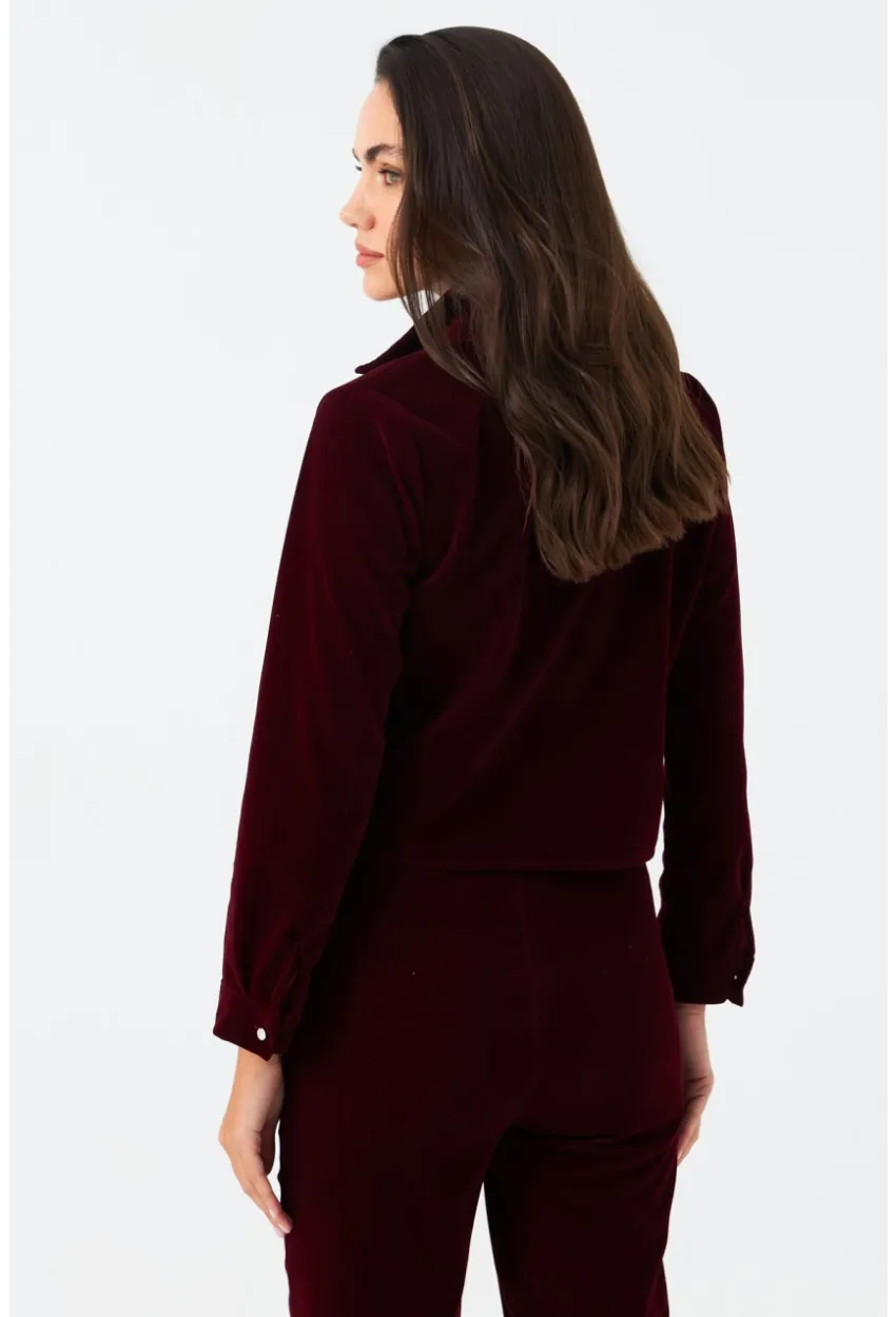 Kadın Bordo Taş Düğmeli Kadife Gömlek Ceket CAR1075