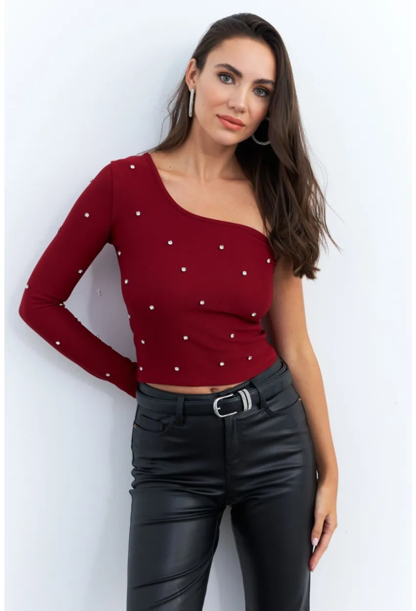 Kadın Bordo Taşlı Tek Kol Crop Bluz HOL2