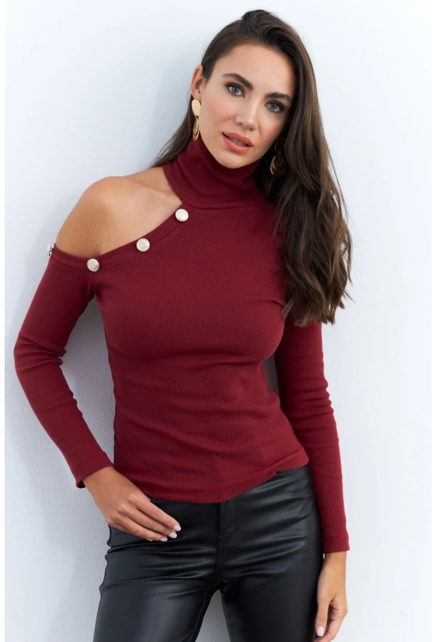 Kadın Bordo Tek Omuz Açık Kaşkorse Balıkçı Bluz EY2947