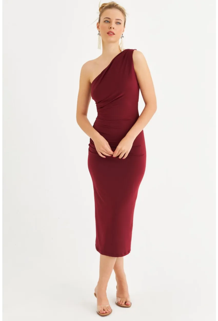 Kadın Bordo Tek Omuz Büzgülü Midi Elbise DMR294-90